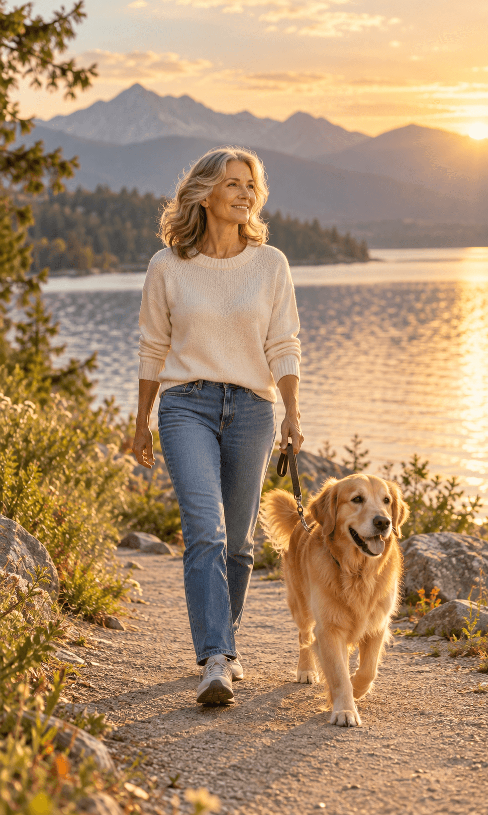 Woman walking beside a mountain lake at sunset