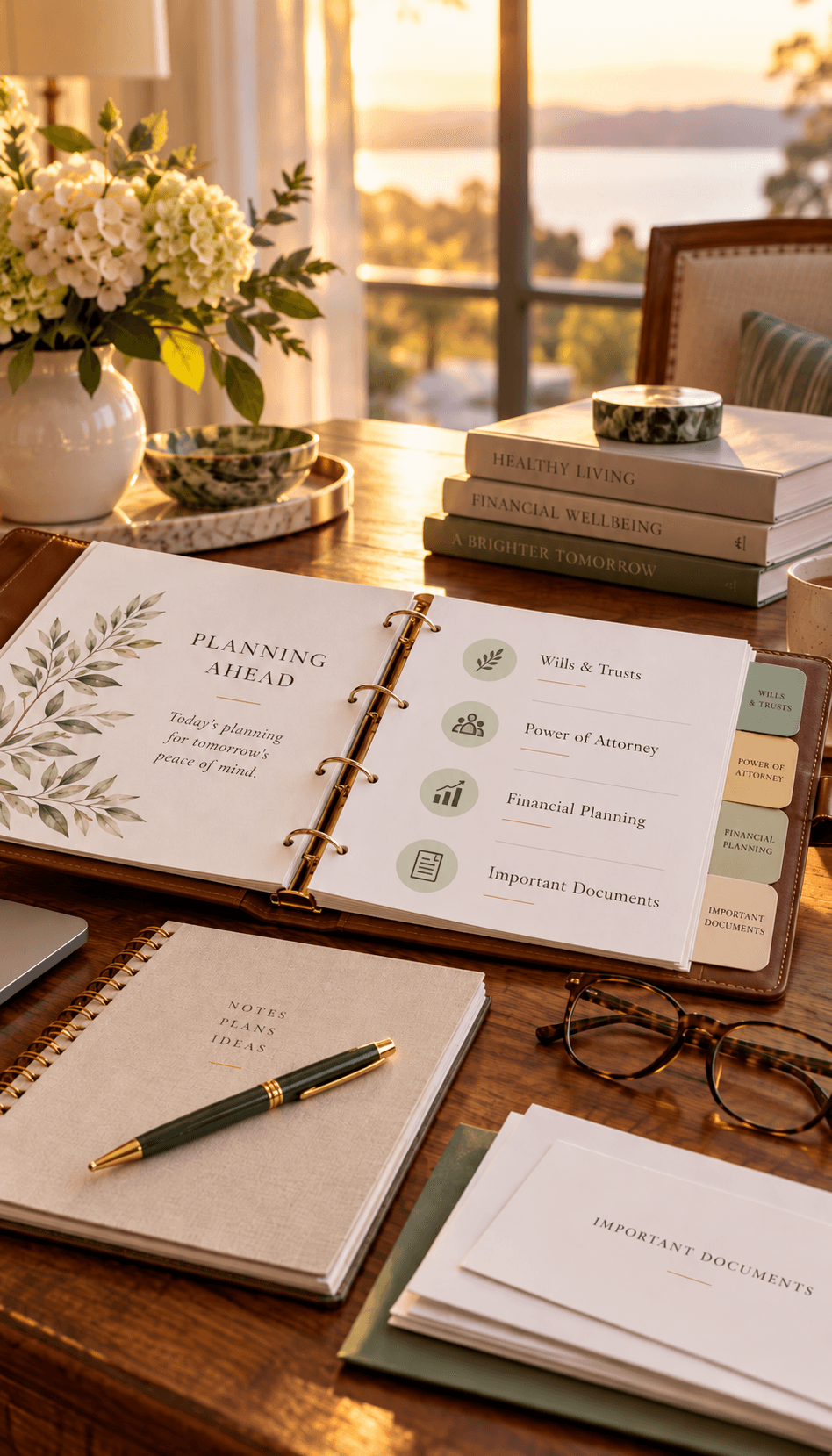 Open planning binder on a table with sections for Wills & Trusts, Power of Attorney, Financial Planning, and Important Documents