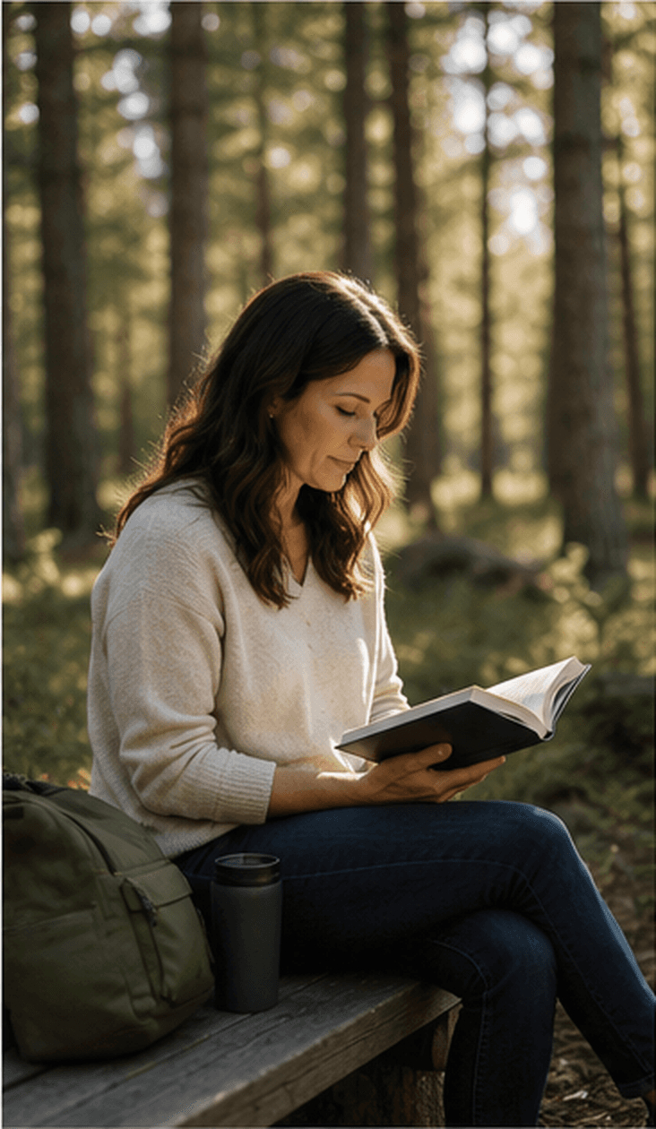 Woman reading on a bench in a sunlit forest