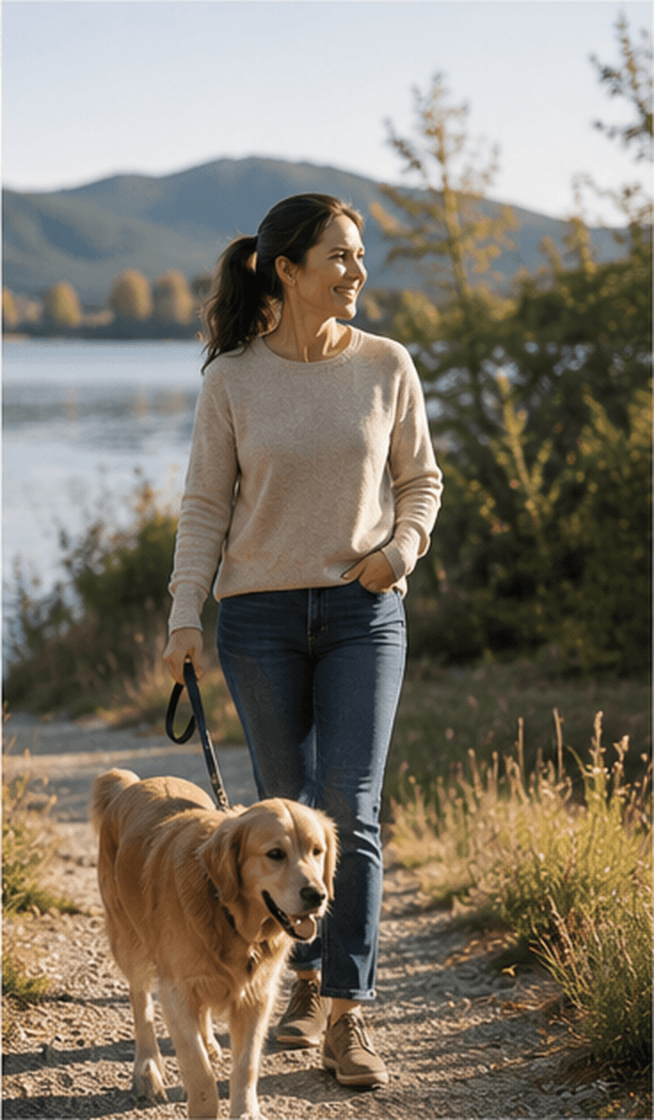 Woman walking a dog beside a mountain lake