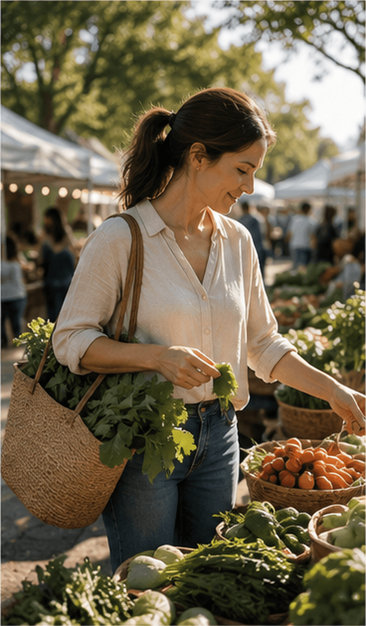 Woman choosing fresh vegetables at an outdoor market