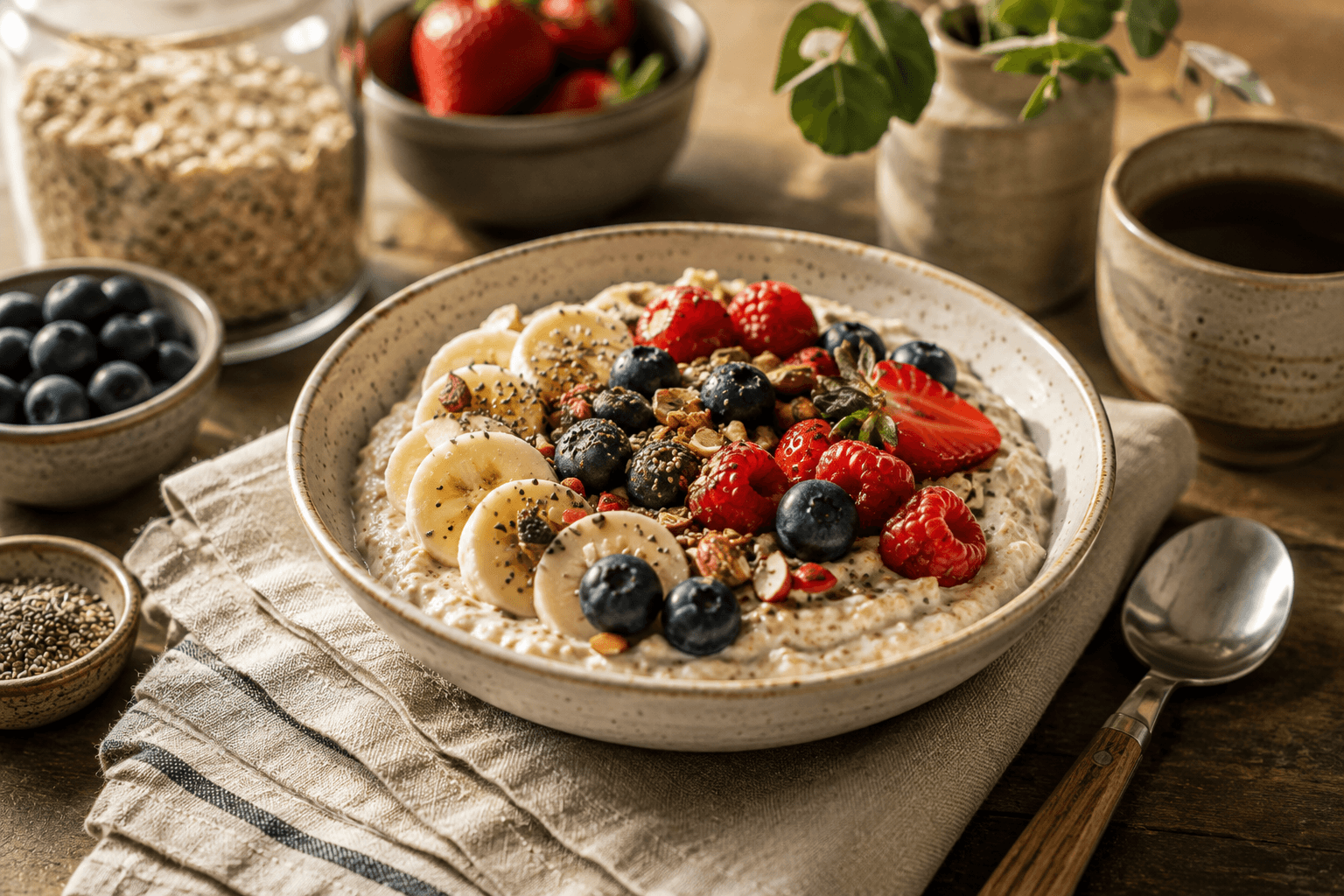Oatmeal topped with berries, banana, nuts, and seeds