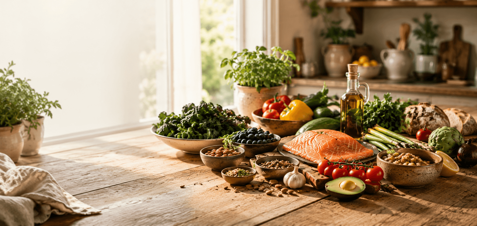 A colorful spread of whole foods in a sunlit kitchen