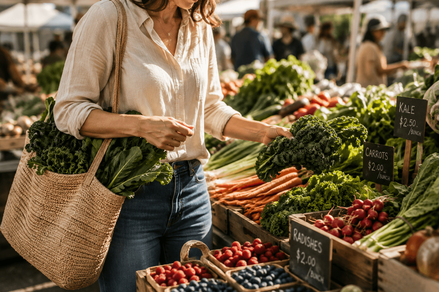 Woman choosing leafy greens at an outdoor market