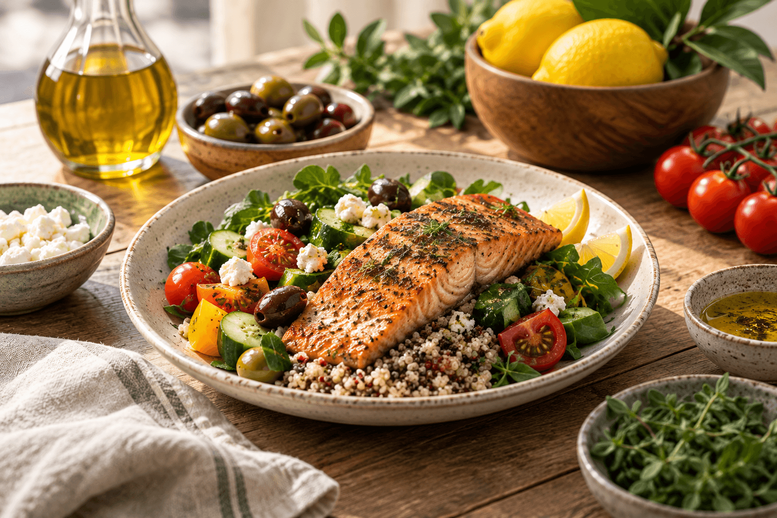 Salmon with vegetables, grains, olives, and lemon