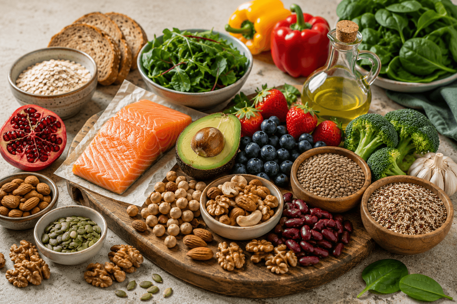 An assortment of colorful whole foods