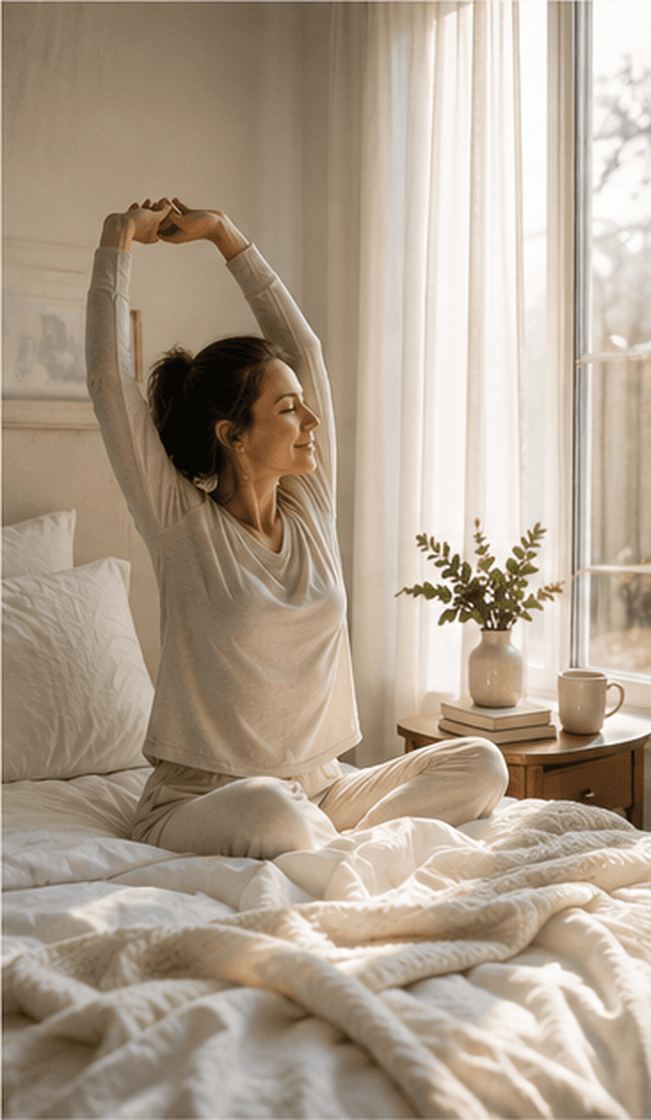 Woman stretching in bed beside a sunlit window