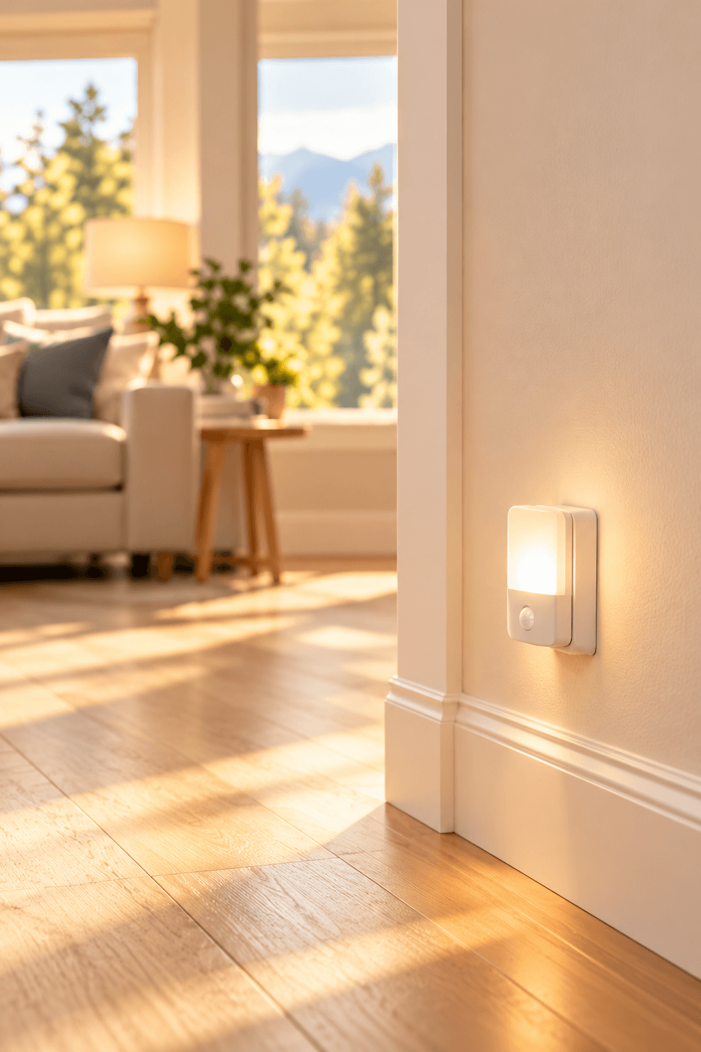 Glowing plug-in nightlight on a wall beside a sunlit living room