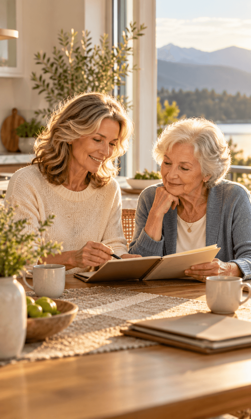 Two women reviewing a notebook together at a sunlit kitchen table