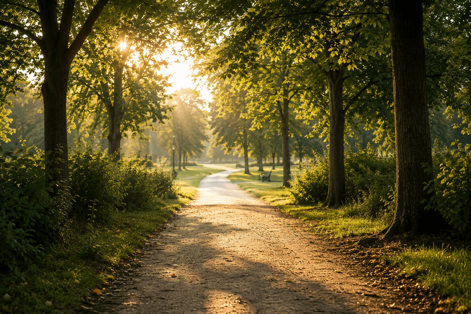 Woman reading on a bench in a sunlit forest