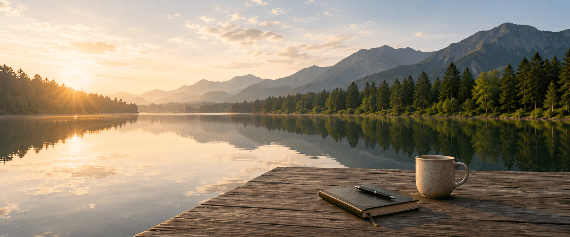 A notebook and coffee mug beside a calm mountain lake