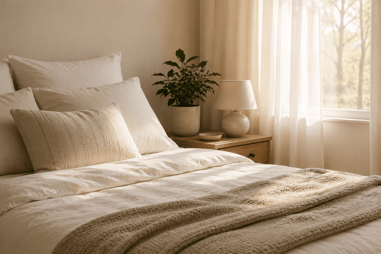 Woman stretching in bed beside a sunlit window