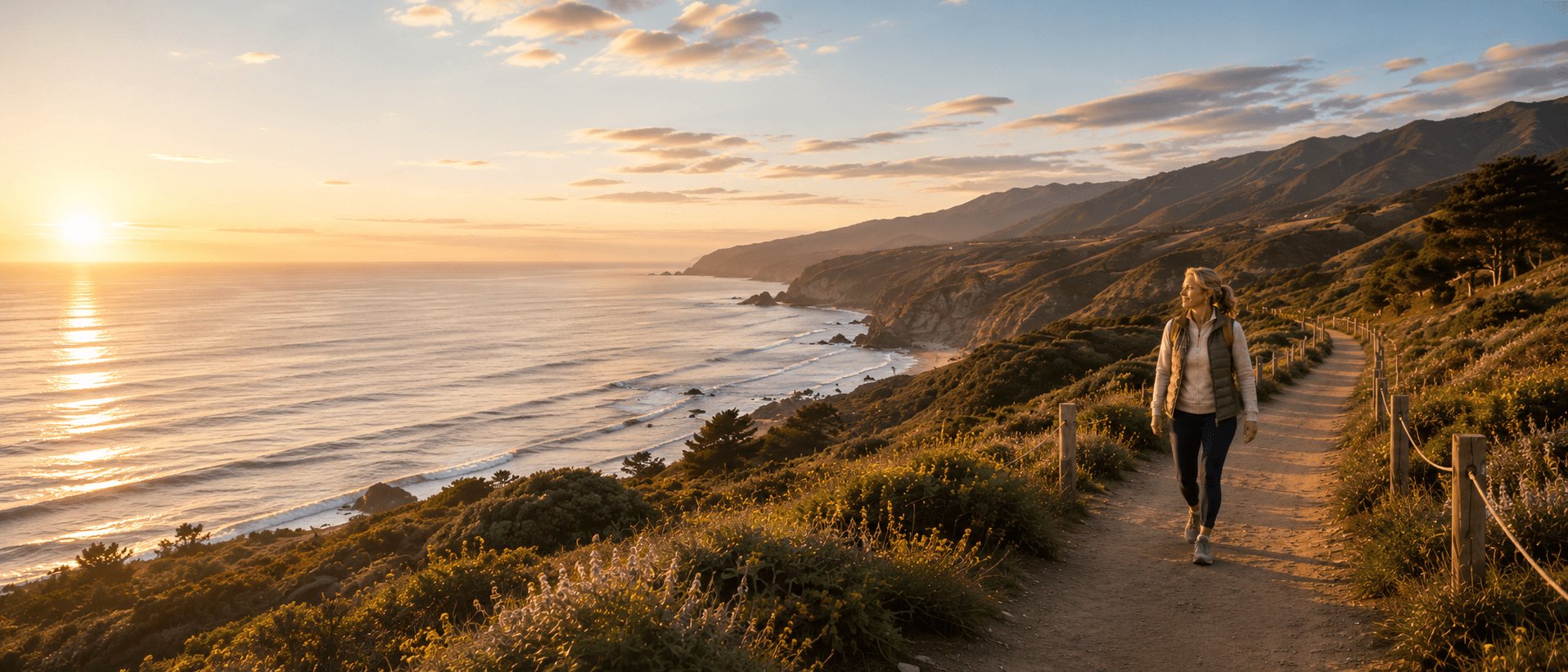 Woman walking along a coastal trail at sunset