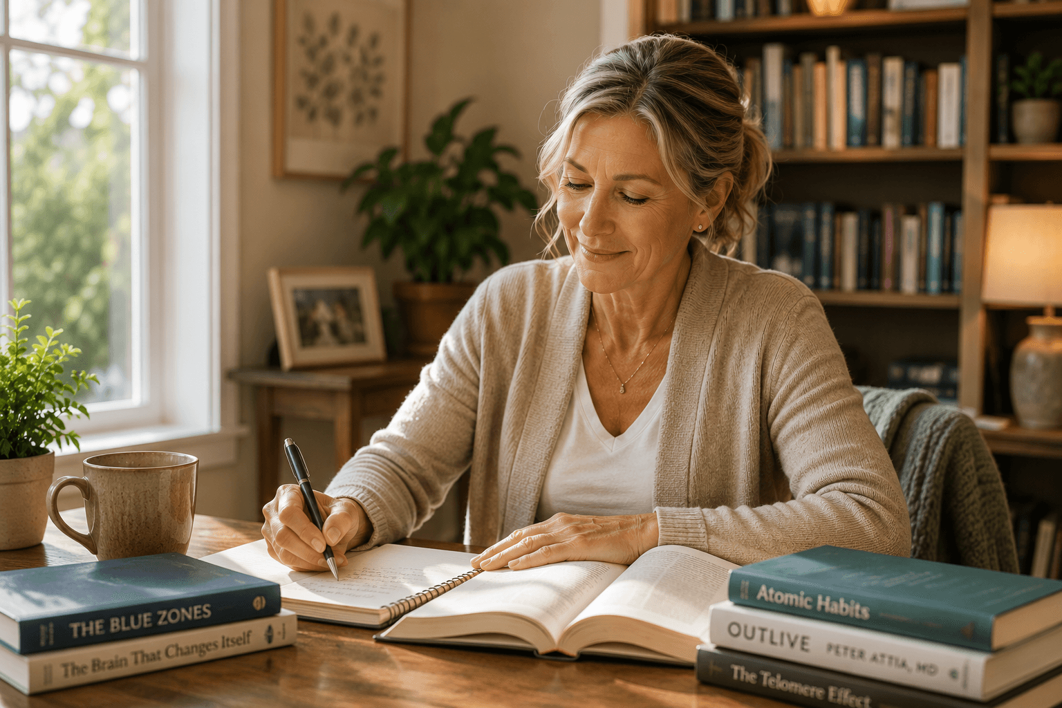Woman writing notes while reading at home