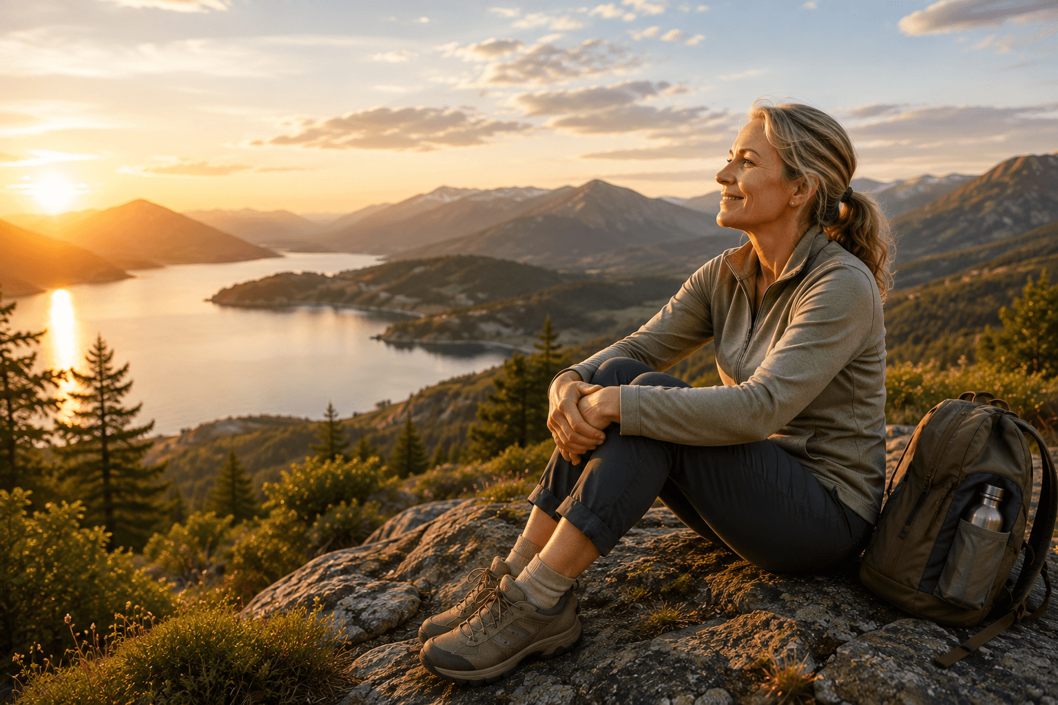 Woman resting beside a mountain lake at sunset
