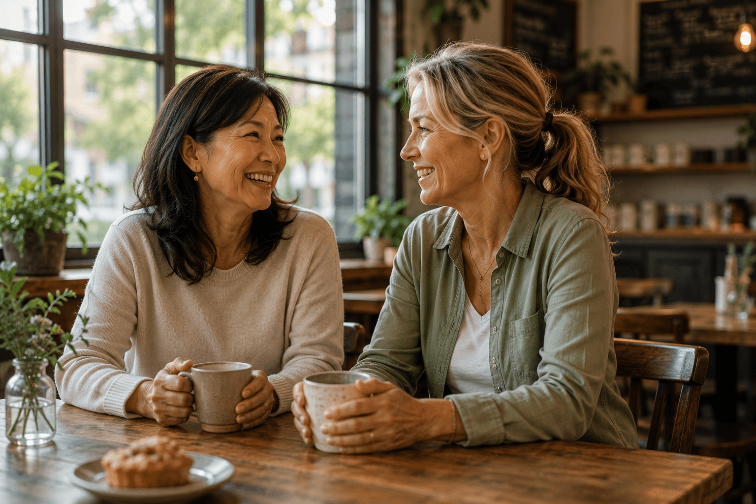 Two women sharing a warm conversation over coffee
