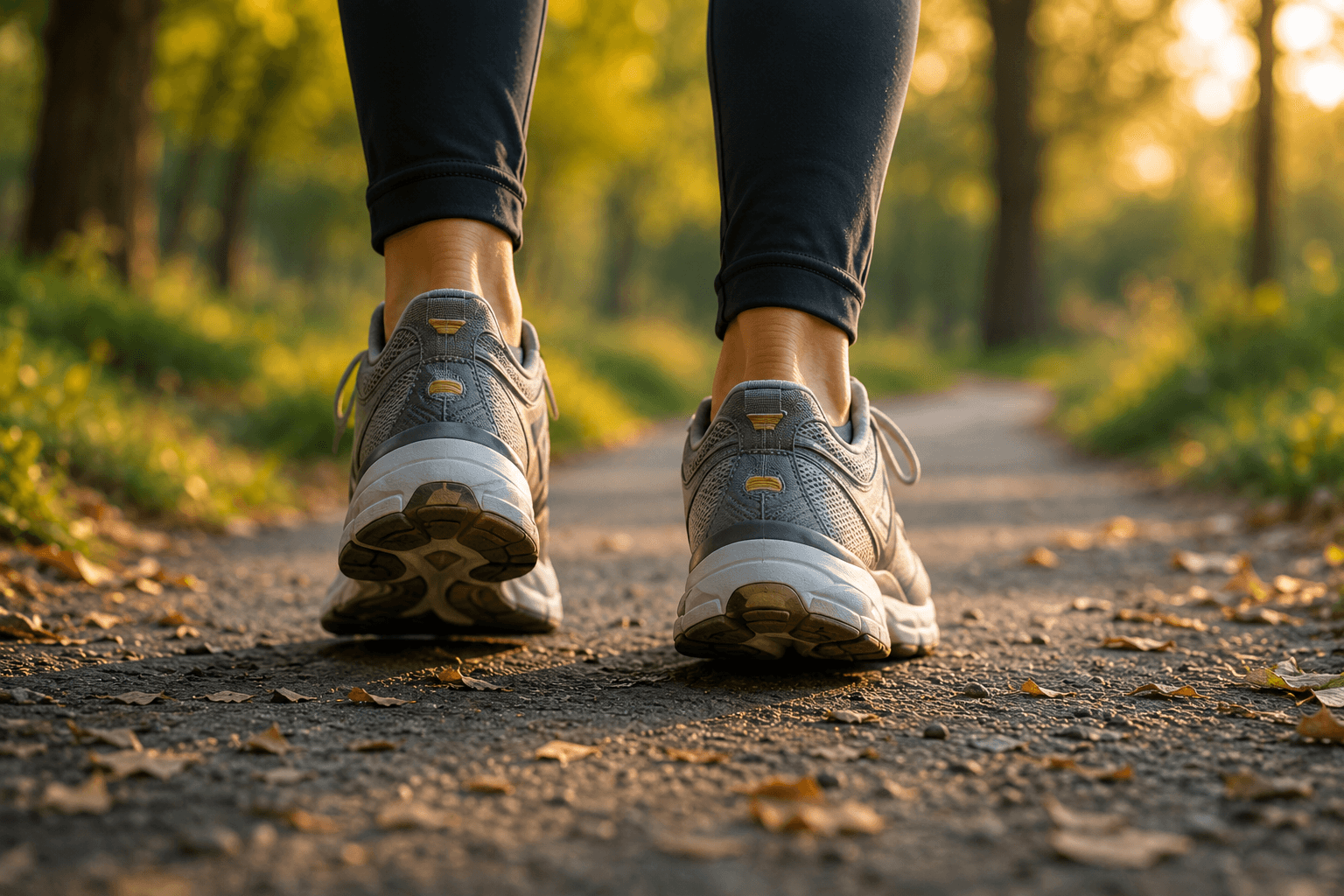 Close view of walking shoes on a sunlit path