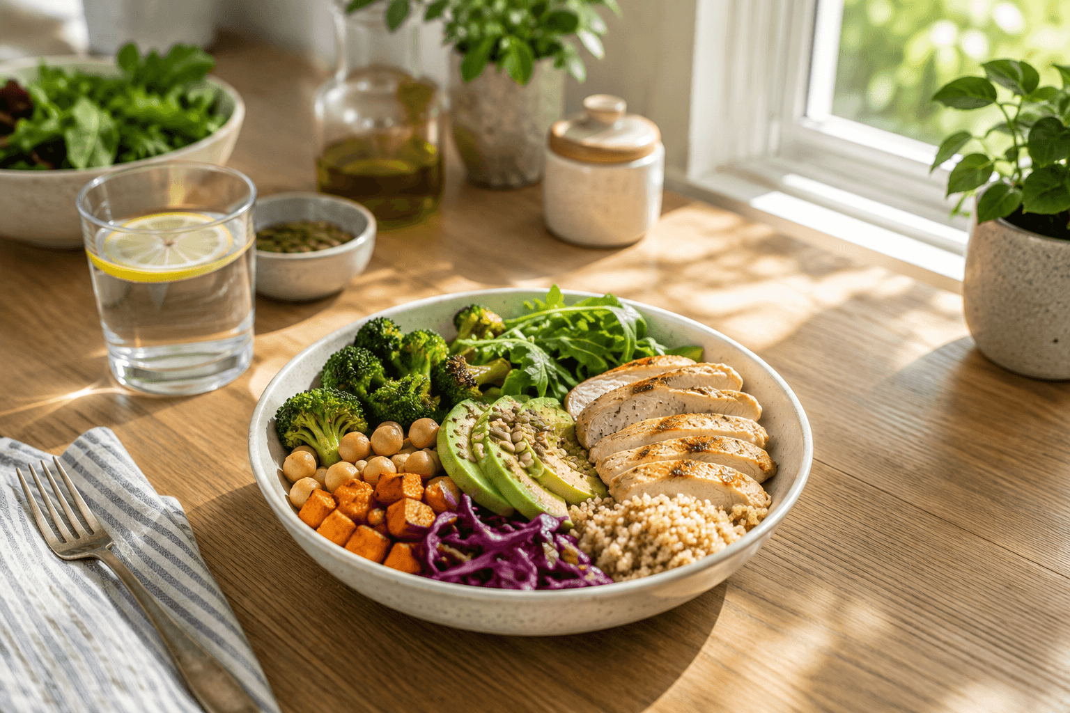 Balanced meal with chicken, vegetables, grains, and avocado