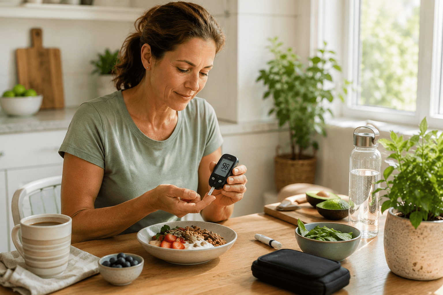 Woman checking her blood sugar beside a balanced breakfast