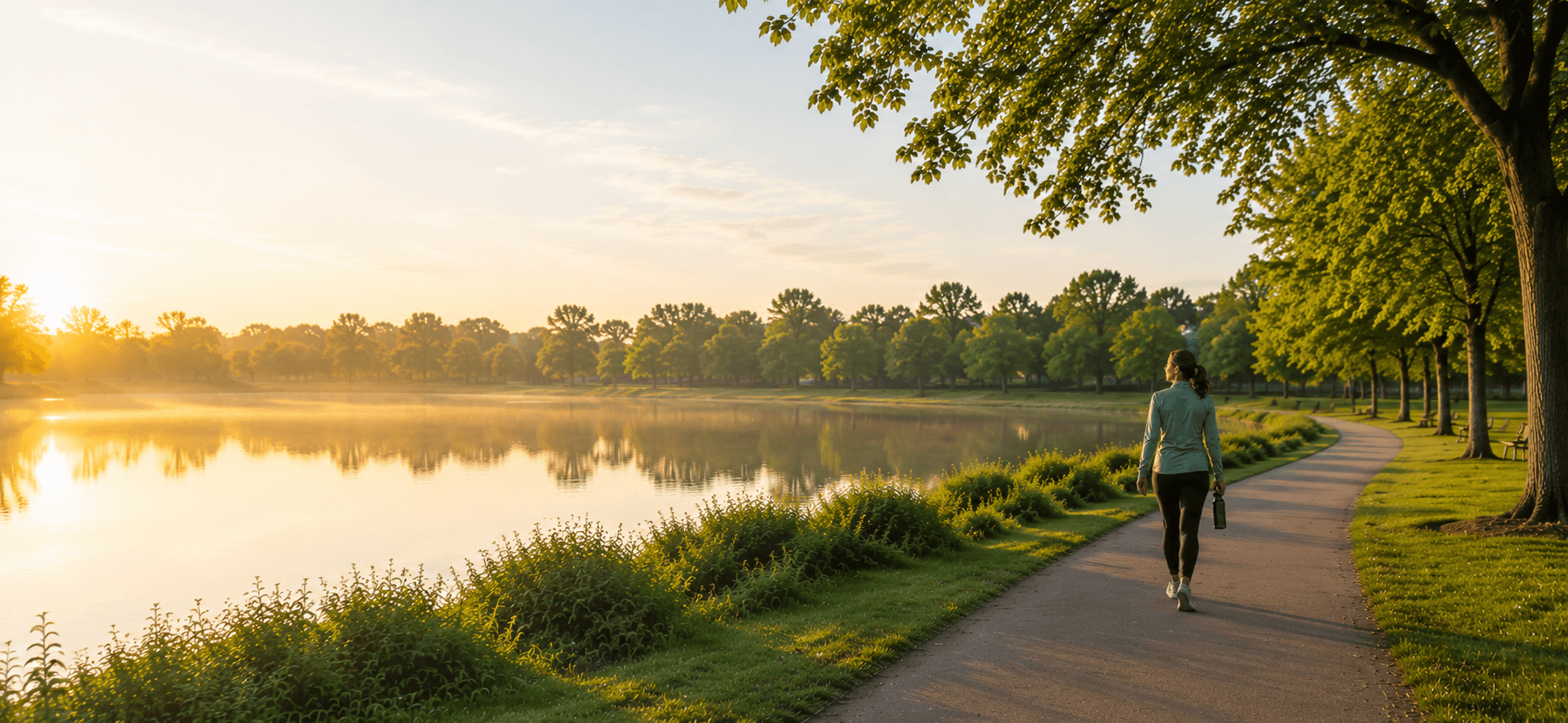 Woman walking beside a lake in warm morning light