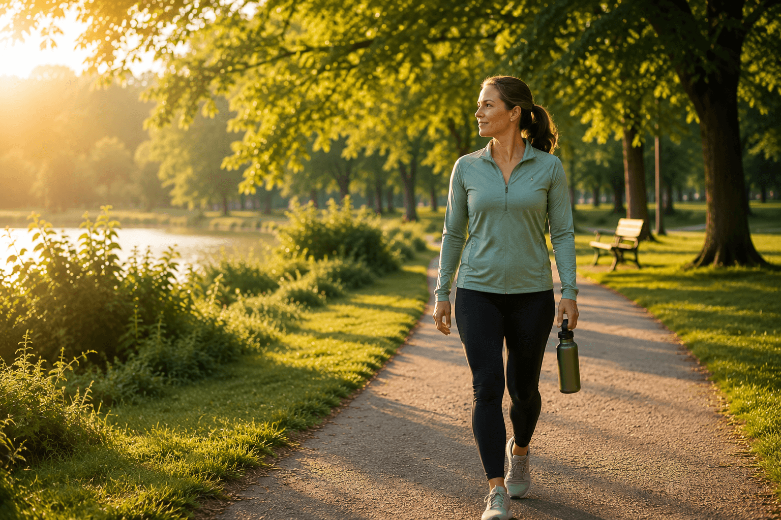 Woman walking beside a lake in warm evening light