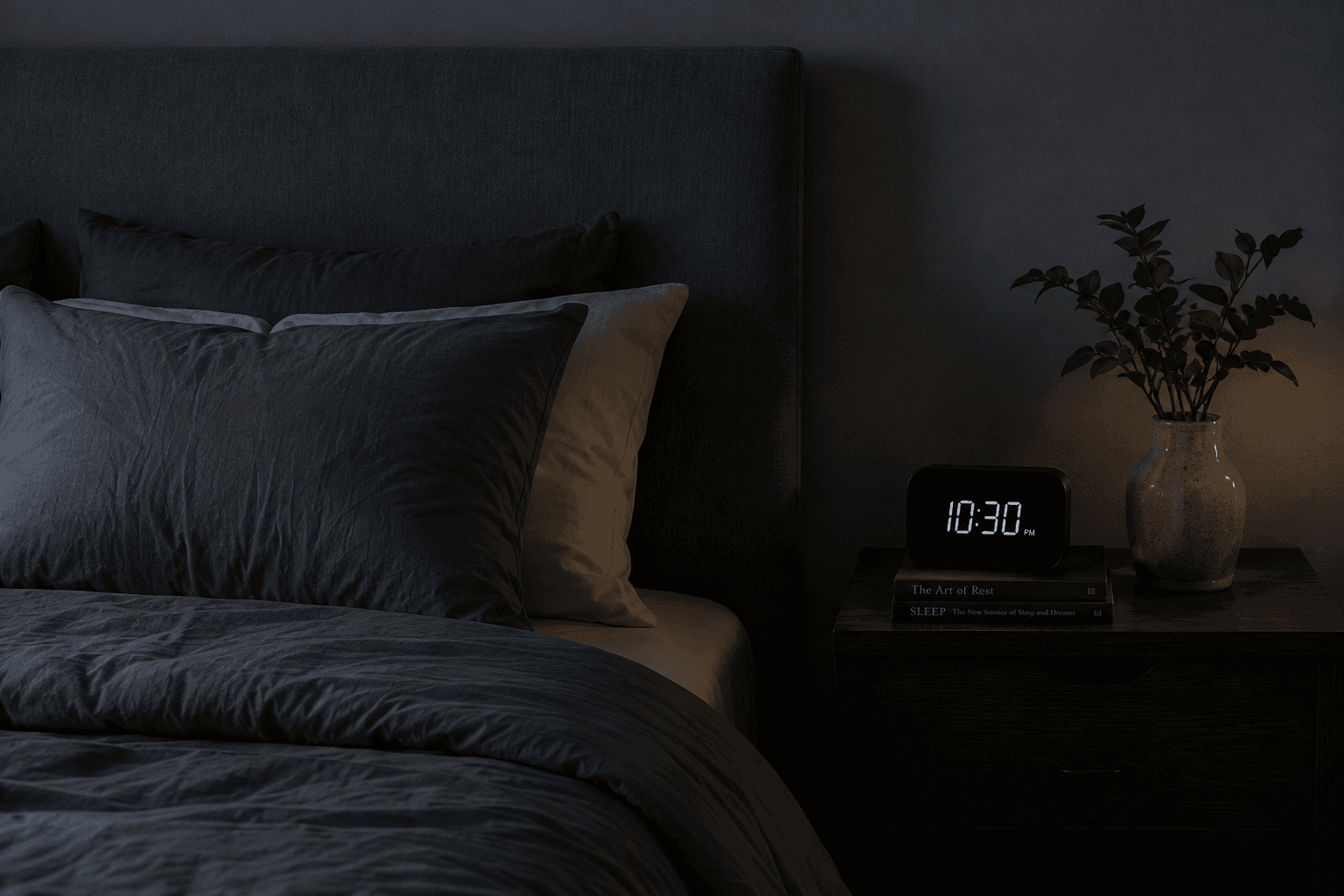 A cool, dark bedroom with a bedside clock and nightstand