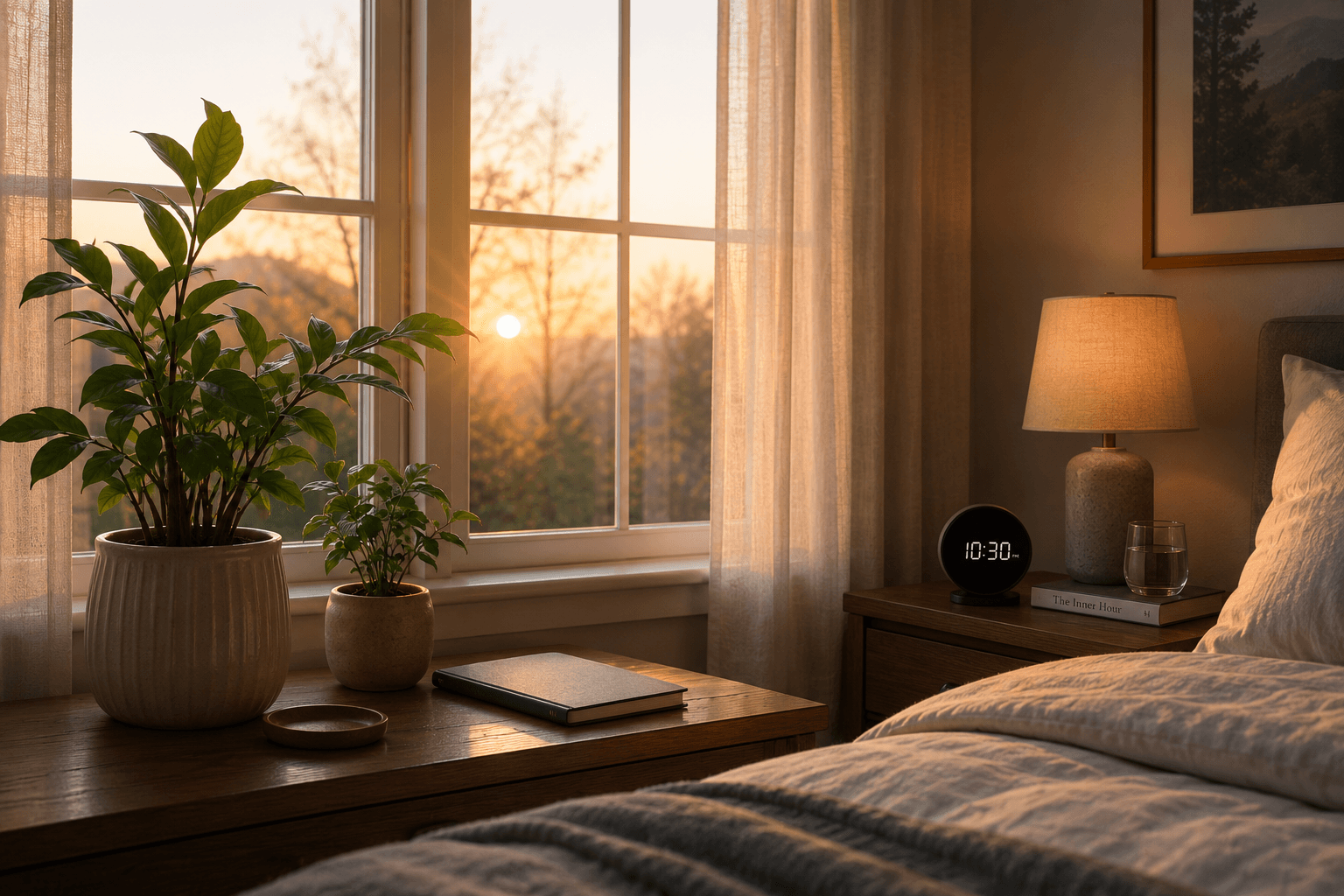 A calm bedroom at sunrise with a bedside clock