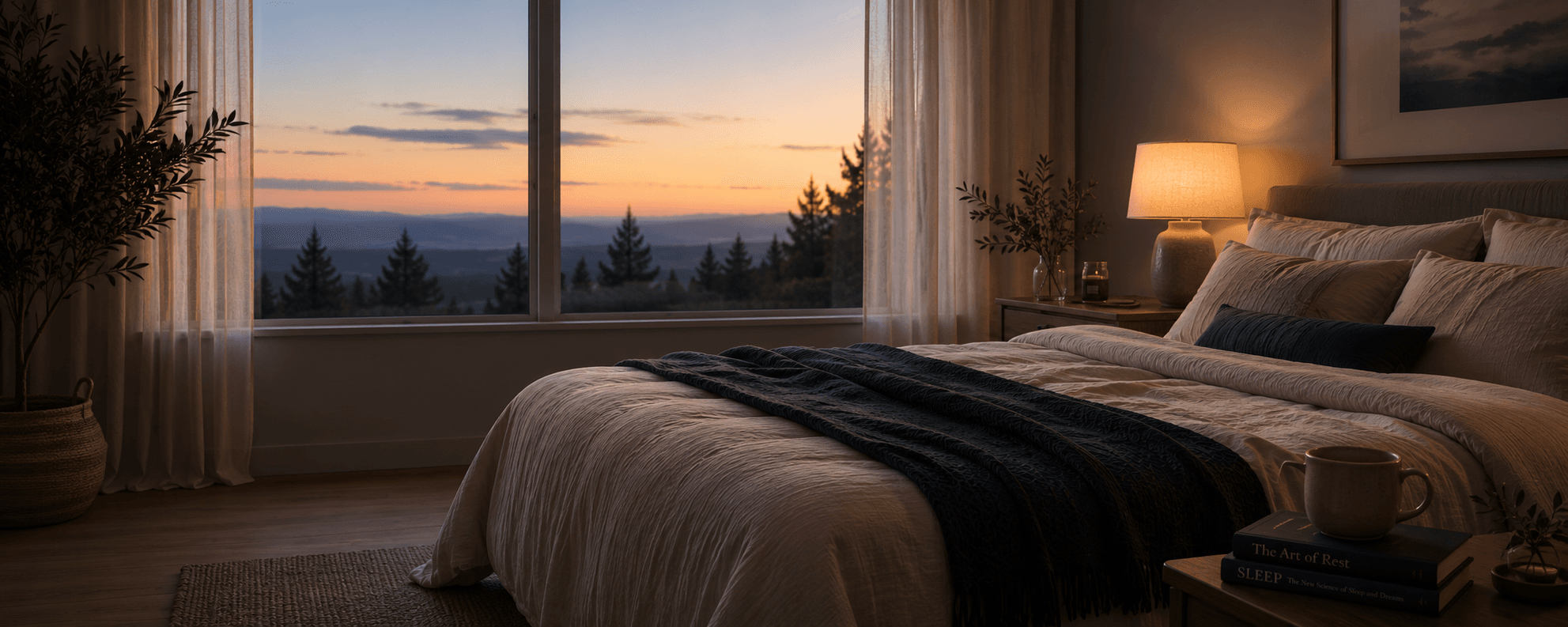 A serene bedroom overlooking mountains at dusk