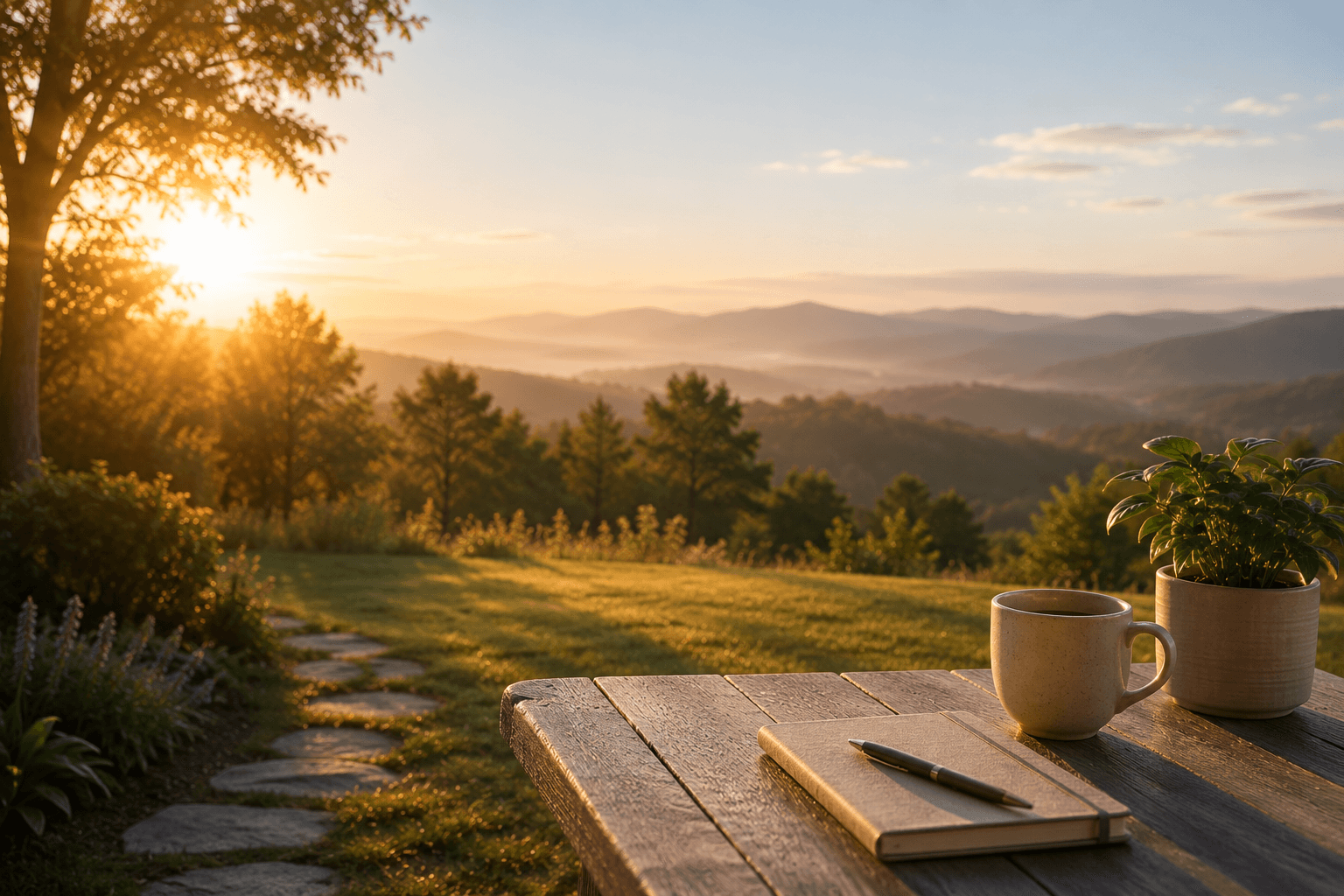 Morning sunlight over mountains beside a journal and warm drink