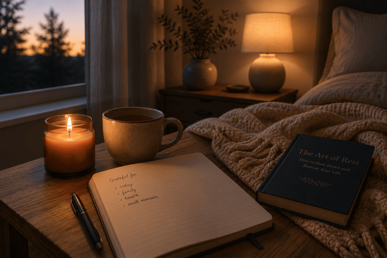 A candle, tea, journal, and book beside a softly lit bed