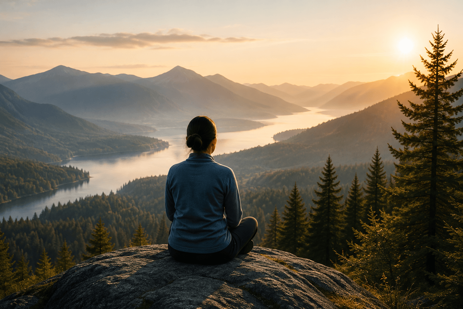 Person seated above a mountain lake in warm evening light