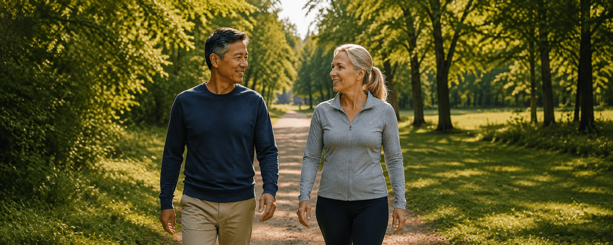 Two adults walking together through a sunlit park