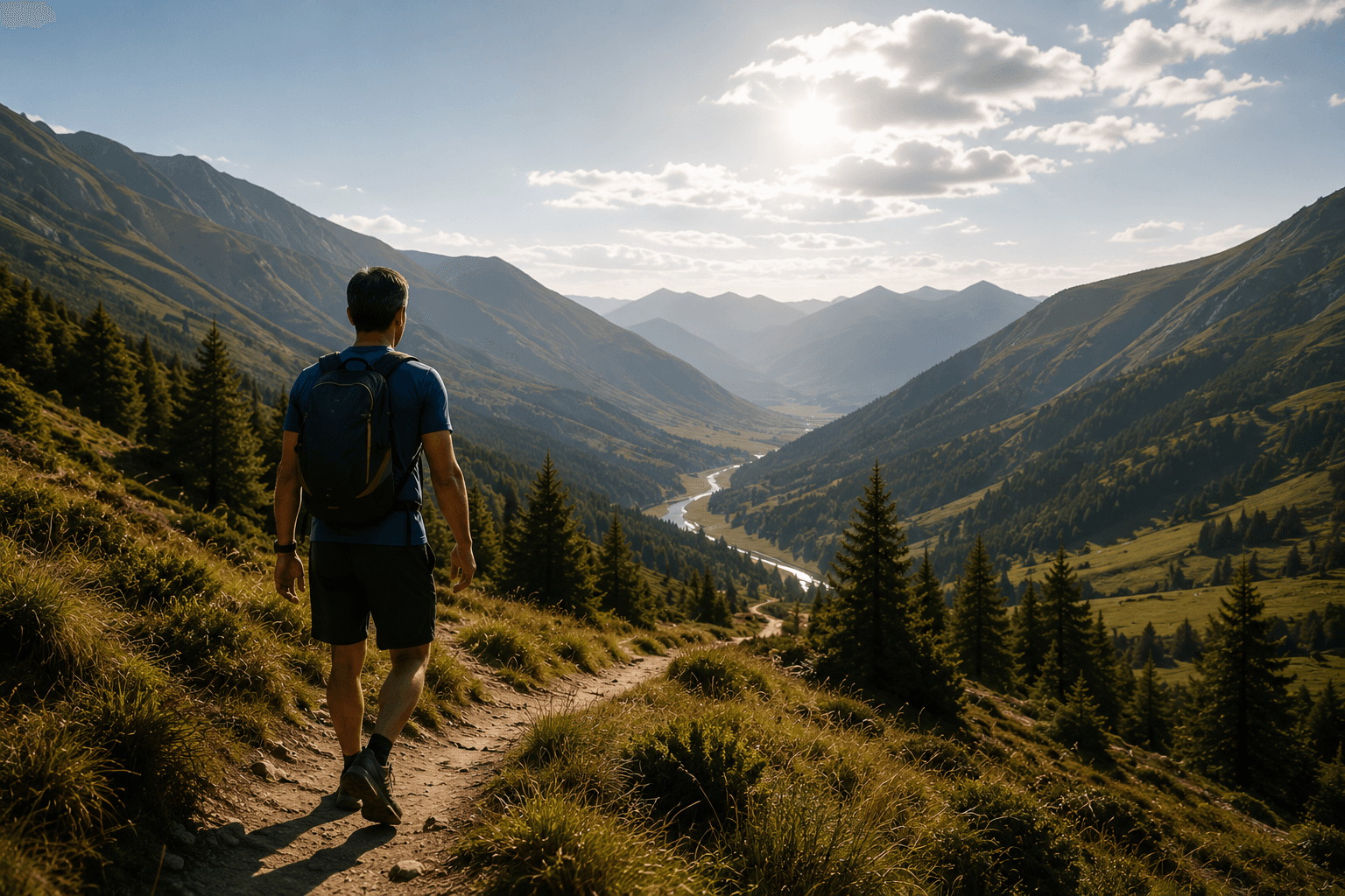 Hiker walking through a broad mountain landscape