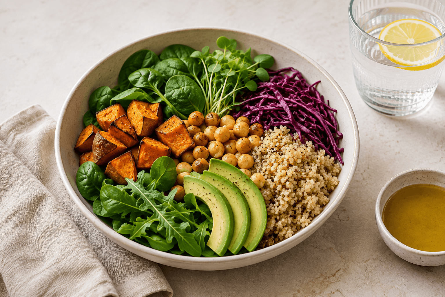 A colorful bowl filled with vegetables, grains, and legumes
