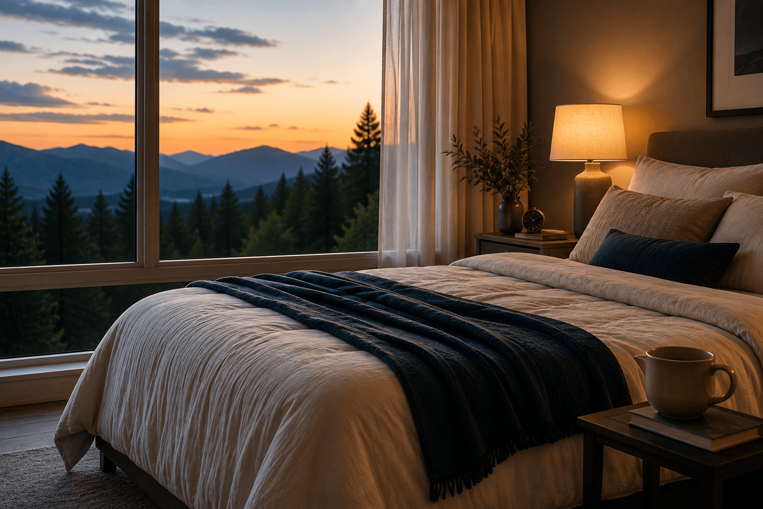 A warm bedroom overlooking mountains at sunset
